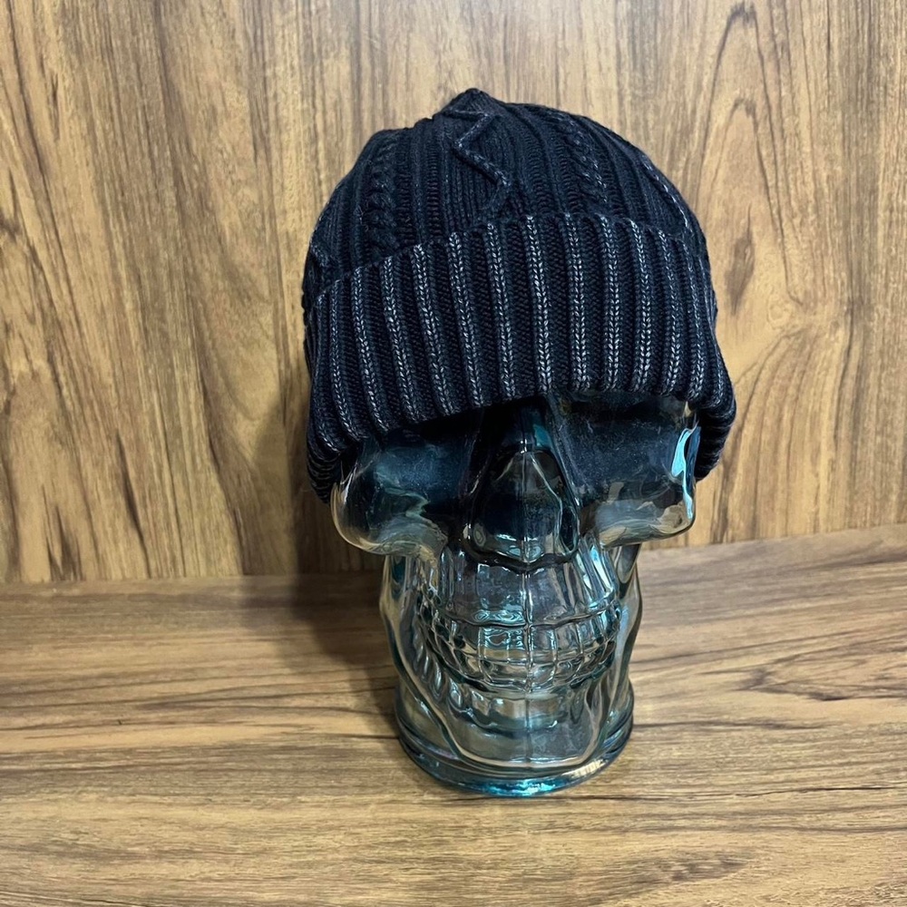 Free People Cable Knit cuffed Beanie black faded washed look winter hat NWOT